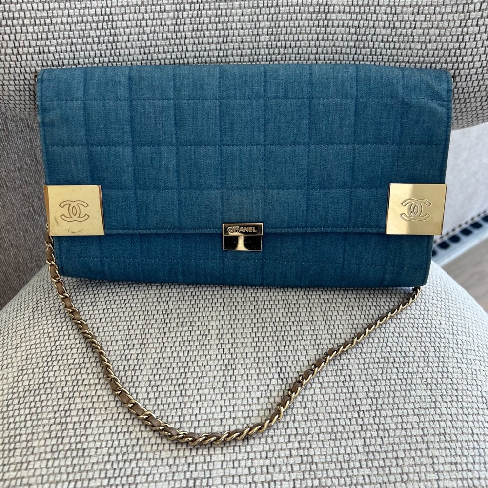 Chanel 2002 Denim Blue Chocolate Choco Bar Clutch Shoulder Bag